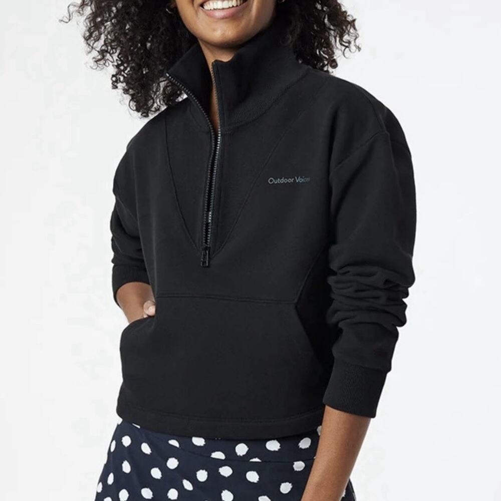 Outdoor Voices Womens Large Black Cotton Cropped Hoodie Half Zip Black